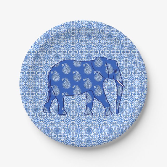 Paisley-Elefant - Kobaltblau und -WEISS Pappteller (Vorderseite)