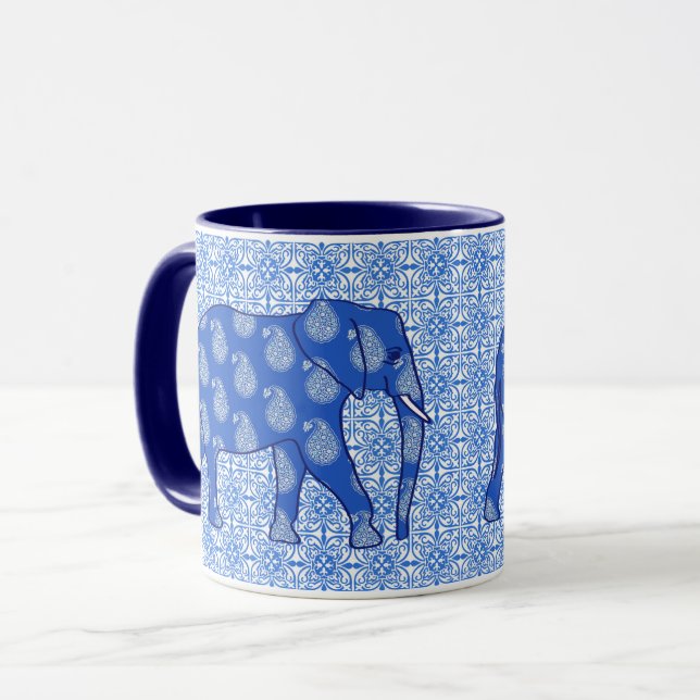 Paisley-Elefant - Kobaltblau und weiß Tasse (Vorderseite Links)