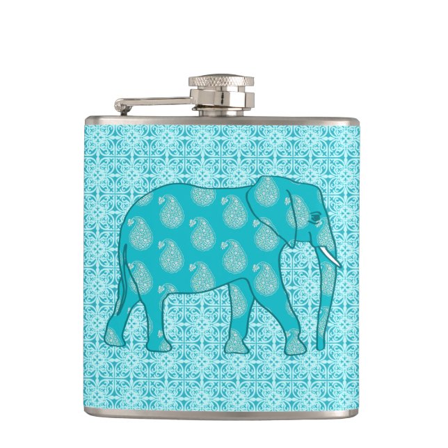 Paisley-Elefant - Türkis und Aqua Flachmann (Vorderseite)