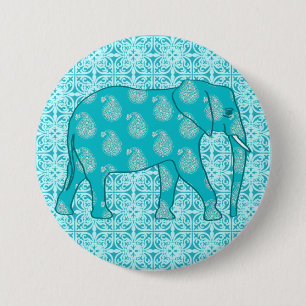 Paisley-Elefant - Türkis und Wasser Button
