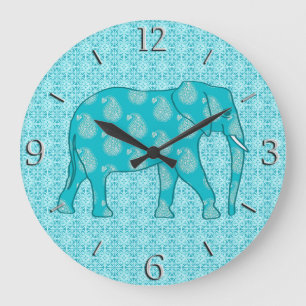 Paisley-Elefant - Türkis und Wasser Große Wanduhr