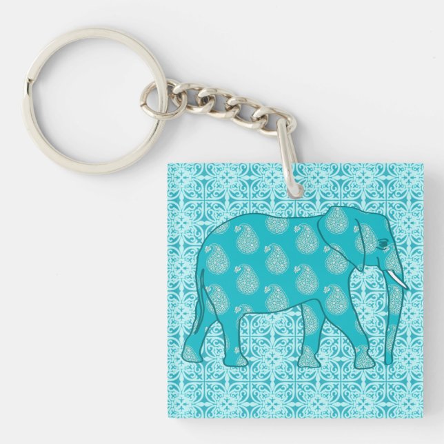 Paisley-Elefant - Türkis und Wasser Schlüsselanhänger (Vorderseite)