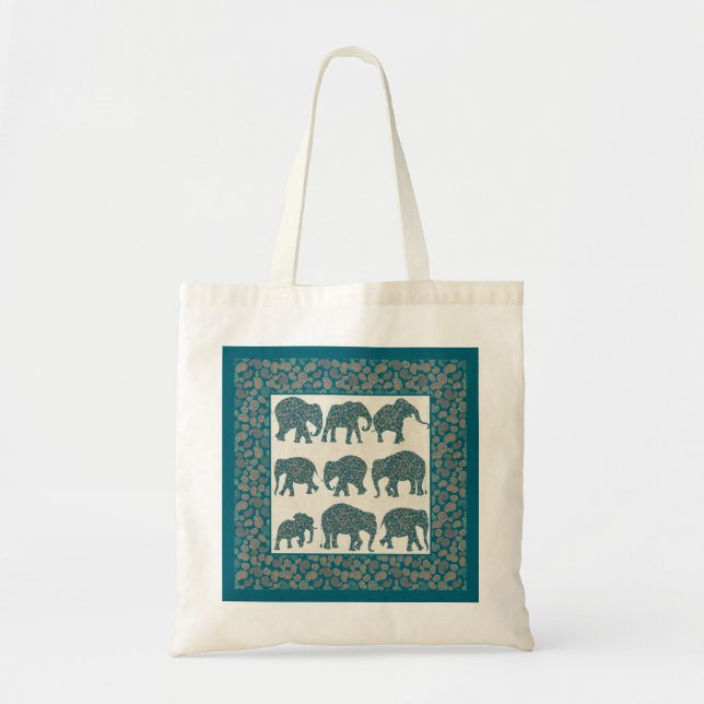 Paisley Elefanten auf Beige mit Border Tote Bag Tragetasche (Vorne)