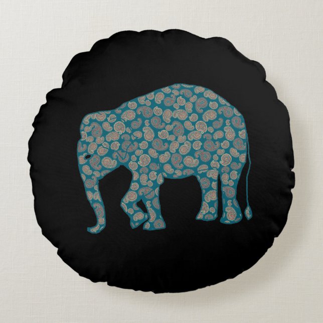 Paisley Elephant Custom Black Round Pillow Rundes Kissen (Vorderseite)