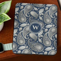Paisley en bleu marine et élégant monogramme argen