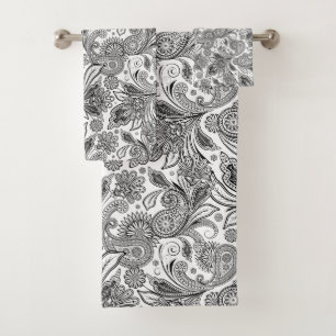 Paisley ethnique floral noir et blanc motif