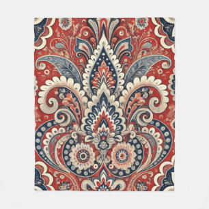 Paisley Floral Fusion in Rot, Weiß und Blau Fleecedecke