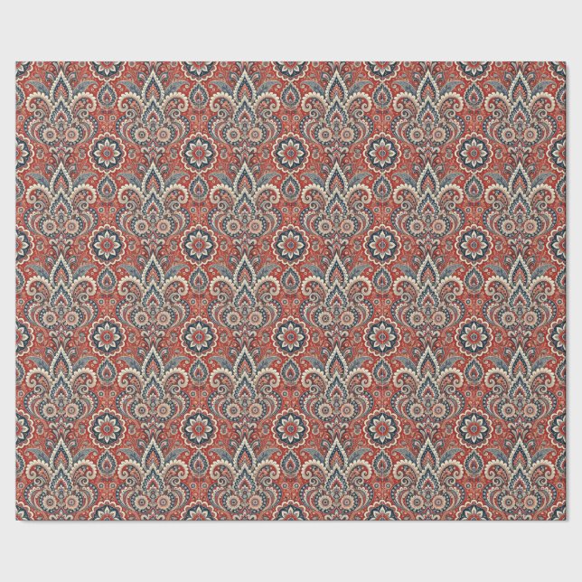Paisley Floral Fusion in Rot, Weiß und Blau Geschenkpapier (Saum)