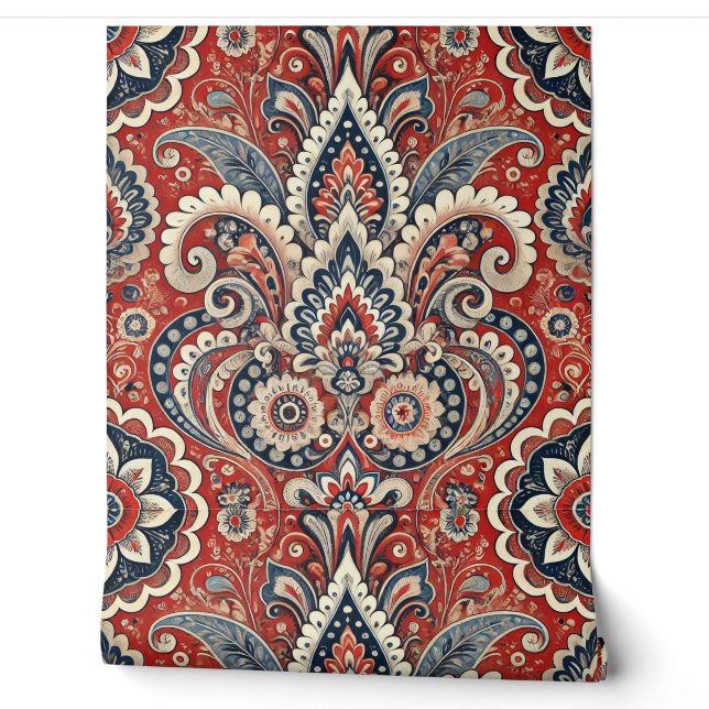 Paisley Floral Fusion in Rot, Weiß und Blu Tapete (Abrollen)
