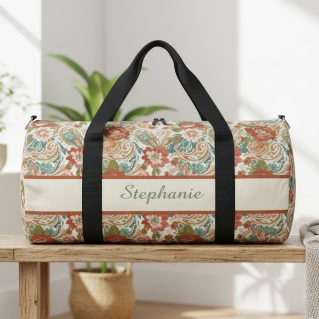 Paisley Floral Gym Bag - Custom Name Duffle Duffle Bag (Floral paisley personalized gym bag)