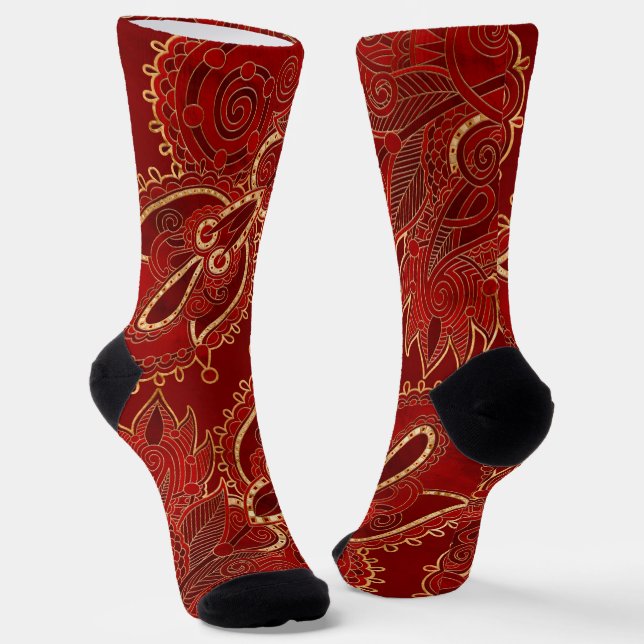 Paisley Floral Ornament Ruby rot und gold Socken (Gewinkelt)