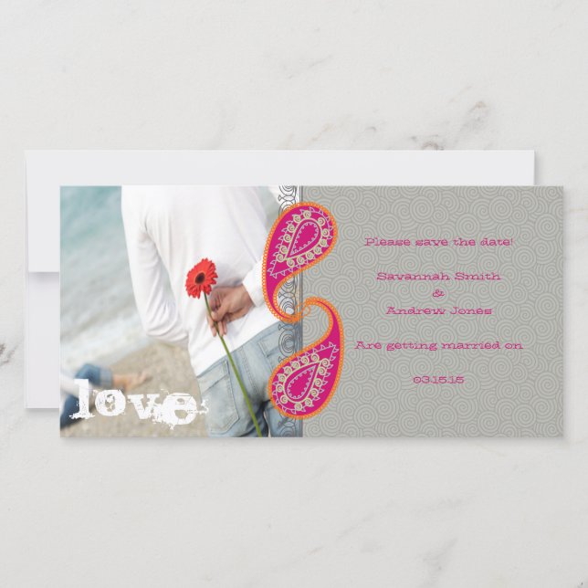 Paisley Fuchsia und Orange Foto Save the Date (Vorderseite)
