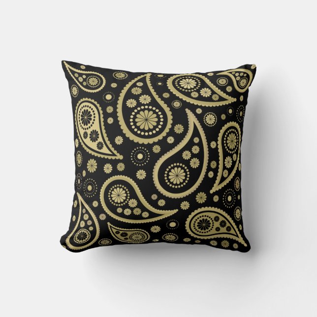 Paisley Funky Large Pattern Print in Black & Golds Kissen (Vorderseite)