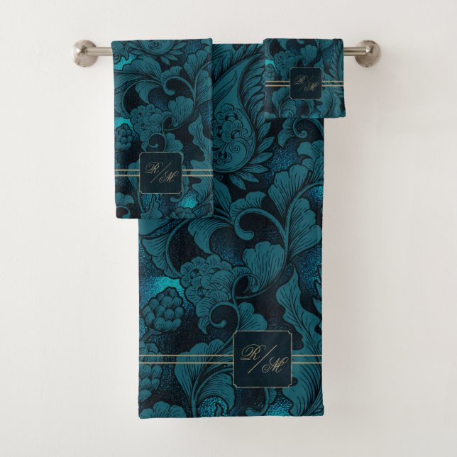 Paisley Garden Floral Monogram Aquamarin/Gold ID75 Badhandtuch Set (Insitu)