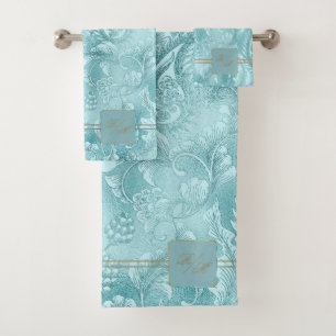 Paisley Garden FloraMonogram Cadet Blue/Gold ID750 Badhandtuch Set