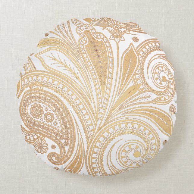Paisley Gold Blüh Rundes Kissen (Vorderseite)