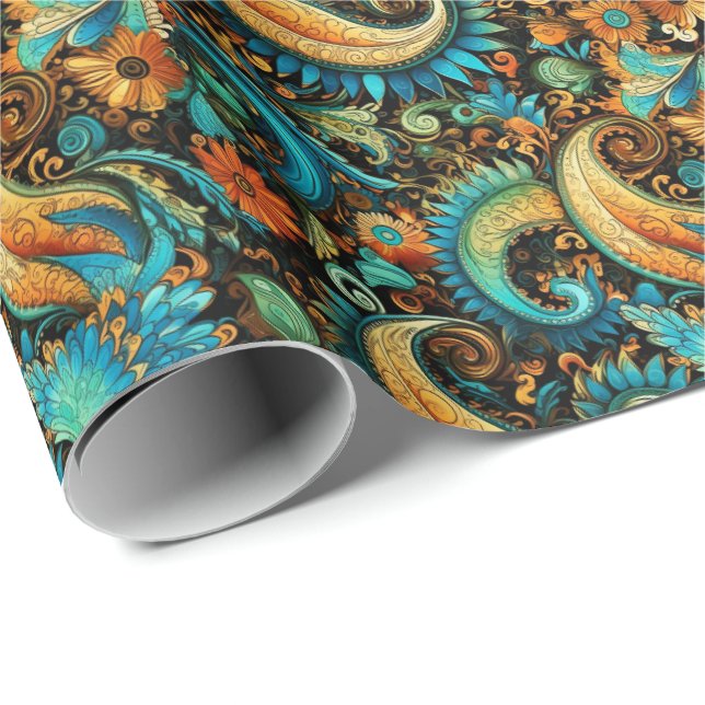 Paisley Golden Blume Abstraktes Muster 7 Geschenkpapier (Rolleneckpunkt)