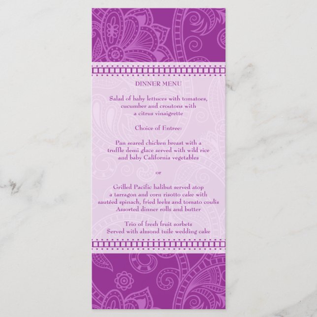 Paisley Impression in Violet Menu Rack Card Menükarte (Vorderseite)