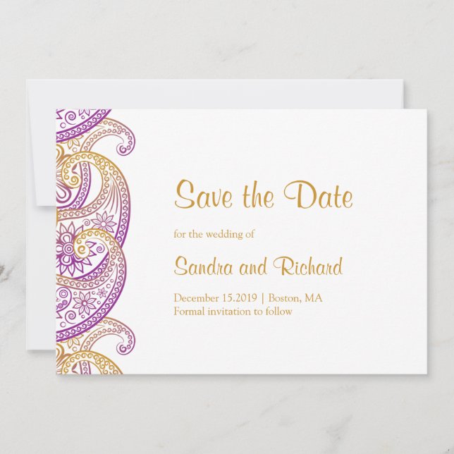 Paisley Lila & Gold Indian Wedding Save The Date (Vorderseite)