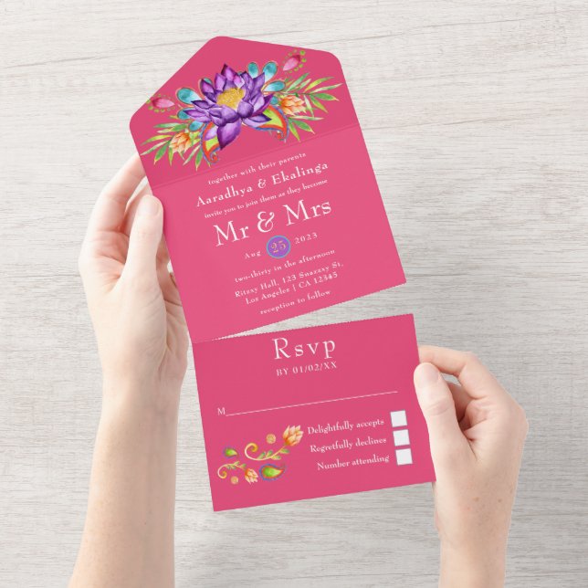 Paisley Lotus Blume Indian Wedding All In One Einladung (Abreißen)