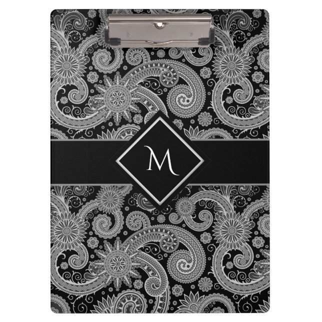 Paisley Monochrom mit Gerahmten Anfangsbuchstaben Klemmbrett (Vorderseite)