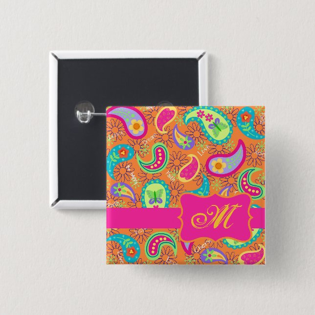 Paisley Monogram Hot Pink Orange Whimsy Button (Vorne & Hinten)