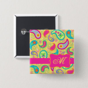 Paisley Monogram Yellow Hot Pink Modern Button