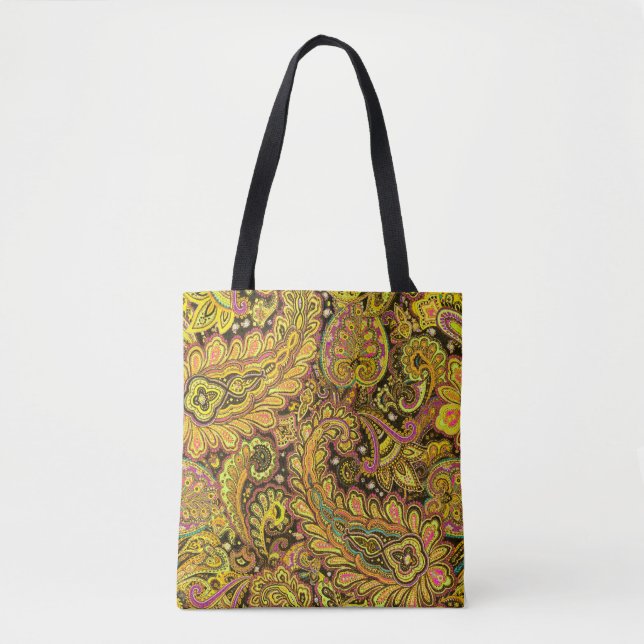 Paisley Motif in Yellow, Brown on Black Background Tasche (Vorderseite)