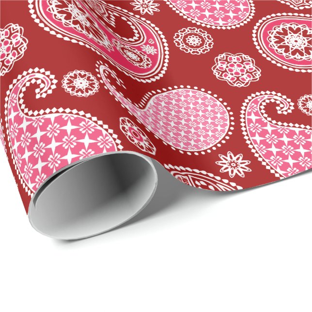 Paisley-Muster, Dunkelrot, Rosa und Weiß Geschenkpapier (Rolleneckpunkt)