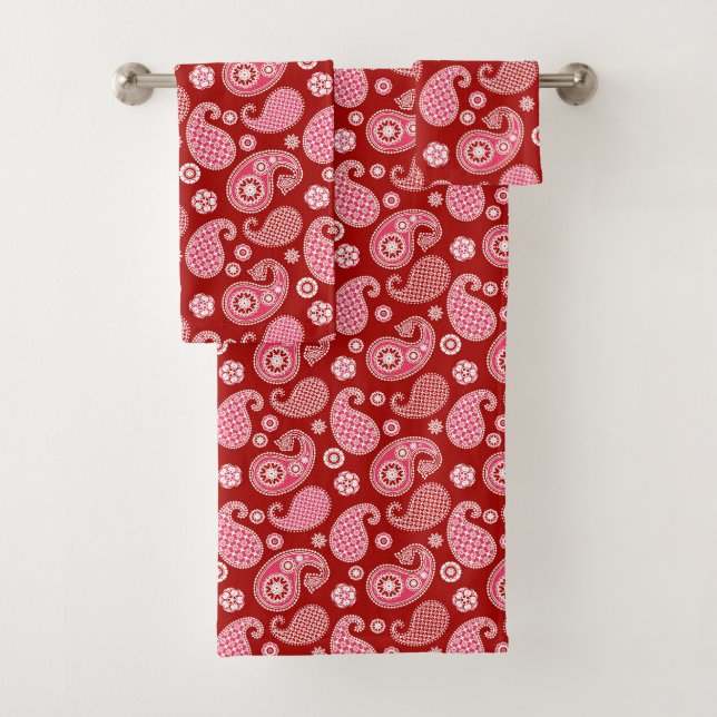 Paisley-Muster, Dunkelrot, Weiß und Korallenrosa Badhandtuch Set (Insitu)