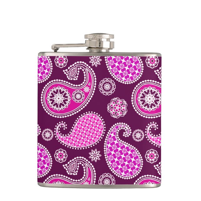 Paisley-Muster, Fuchsienrosa, lila und weiß Flachmann (Vorderseite)