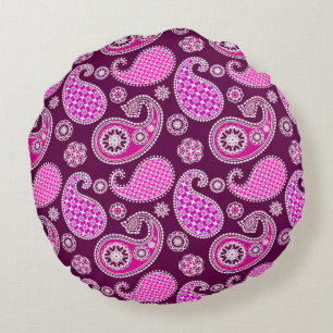 Paisley-Muster, Fuchsienrosa, lila und weiß Rundes Kissen