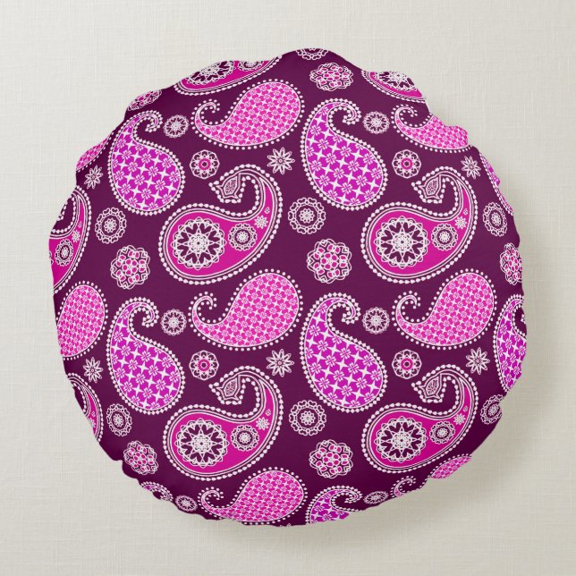 Paisley-Muster, Fuchsienrosa, lila und weiß Rundes Kissen (Rückseite)