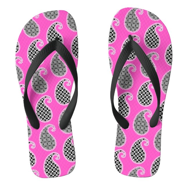 Paisley-Muster, Fuchsienrosa, Schwarz-Weiß Flip Flops (Fußbett)