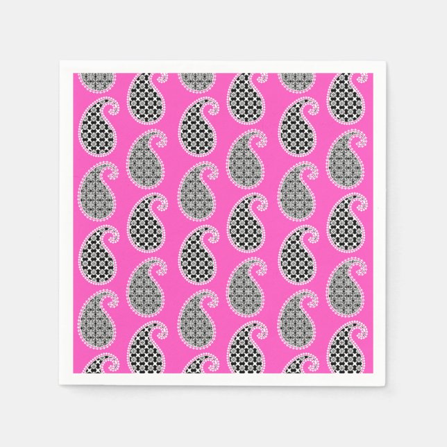 Paisley-Muster, Fuchsienrosa, Schwarz-Weiß Serviette (Vorderseite)