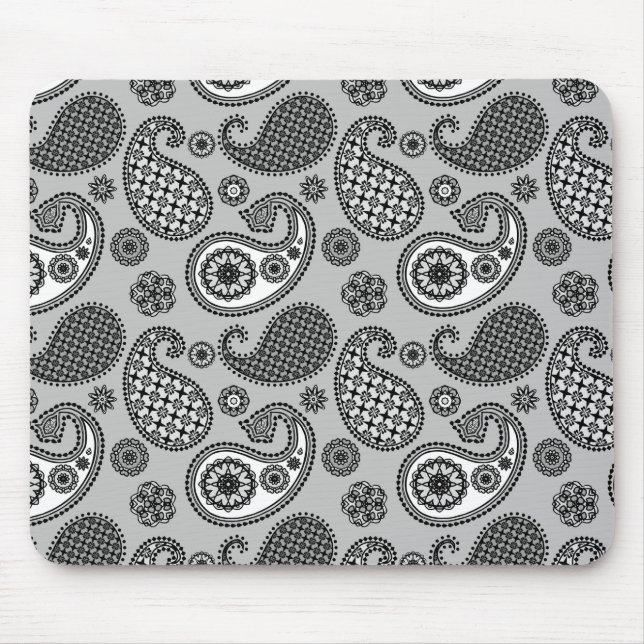 Paisley-Muster, grau, schwarz und weiß Mousepad (Vorne)