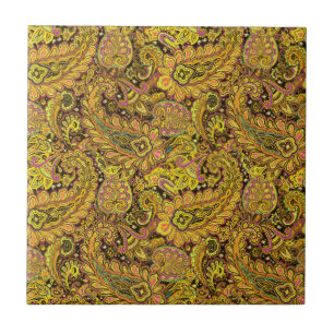 Paisley-Muster in Gelb, Braun auf schwarzem Hinter Fliese