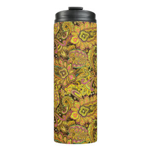 Paisley-Muster in Gelb, Braun auf schwarzem Hinter Thermosbecher