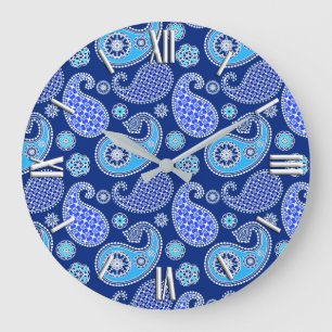 Paisley-Muster, Kobaltblau und Weiß Große Wanduhr