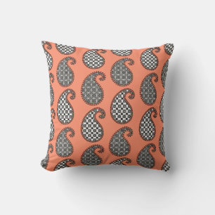 Paisley-Muster, Korallenorange, Schwarz-Weiß Kissen Für Draußen
