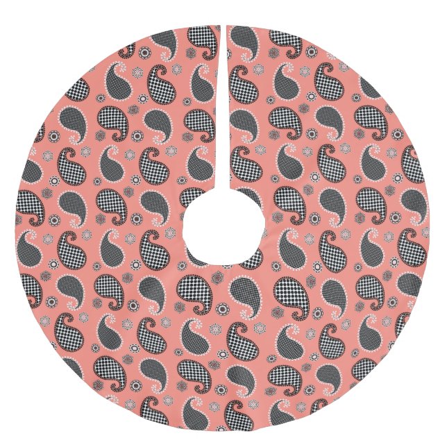 Paisley-Muster, Korallenrosa, Schwarz-Weiß Polyester Weihnachtsbaumdecke (Vorderseite)