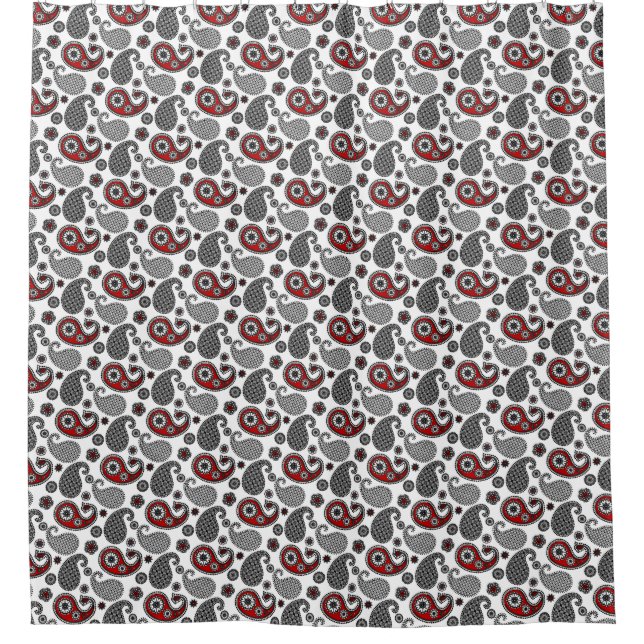 Paisley-Muster, Schwarz, Weiß und Rot Duschvorhang (Vorderseite)