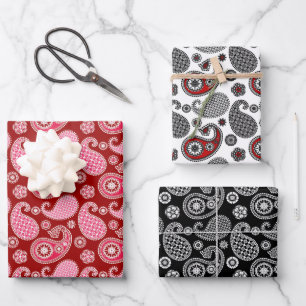 Paisley-Muster, Schwarz, Weiß und Rot Geschenkpapier Set