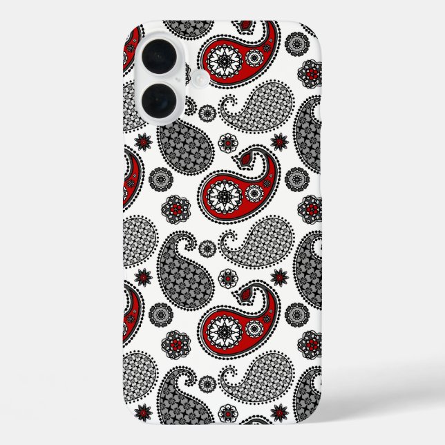 Paisley-Muster, Schwarz, Weiß und Rot iPhone 16 Plus Hülle (Rückseite)