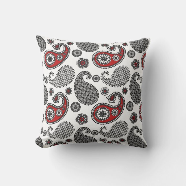 Paisley-Muster, Schwarz, Weiß und Rot Kissen (Vorderseite)
