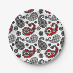 Paisley-Muster, Schwarz, Weiß und Rot Pappteller
