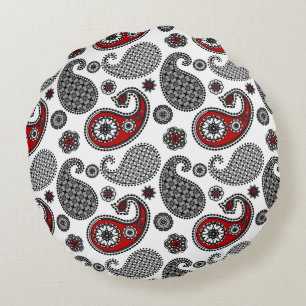 Paisley-Muster, Schwarz, Weiß und Rot Rundes Kissen