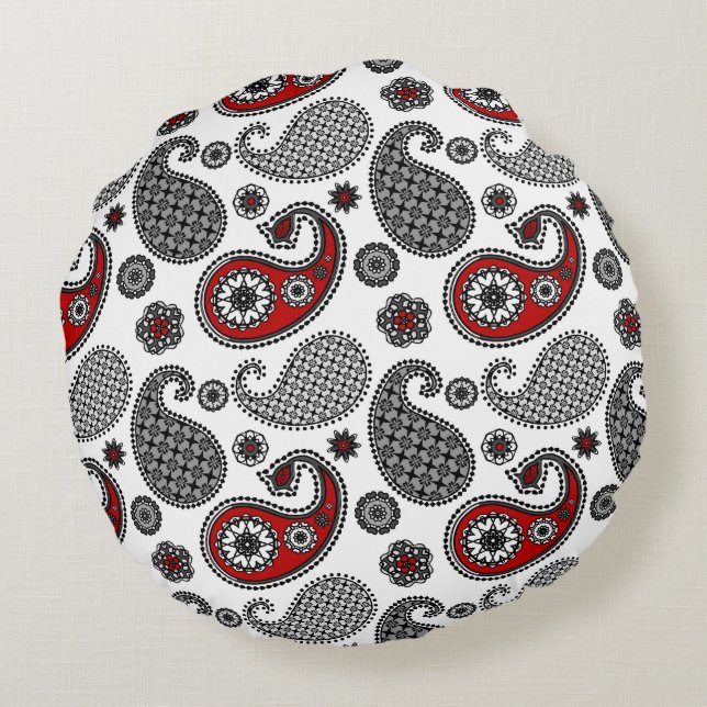 Paisley-Muster, Schwarz, Weiß und Rot Rundes Kissen (Rückseite)