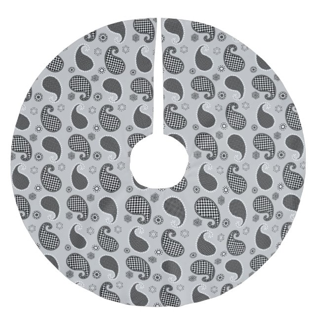 Paisley-Muster, silbergrau, schwarz und weiß Polyester Weihnachtsbaumdecke (Vorderseite)