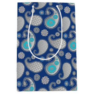 Paisley Muster, Silver Gray / Grau auf Cobalt Blue Mittlere Geschenktüte